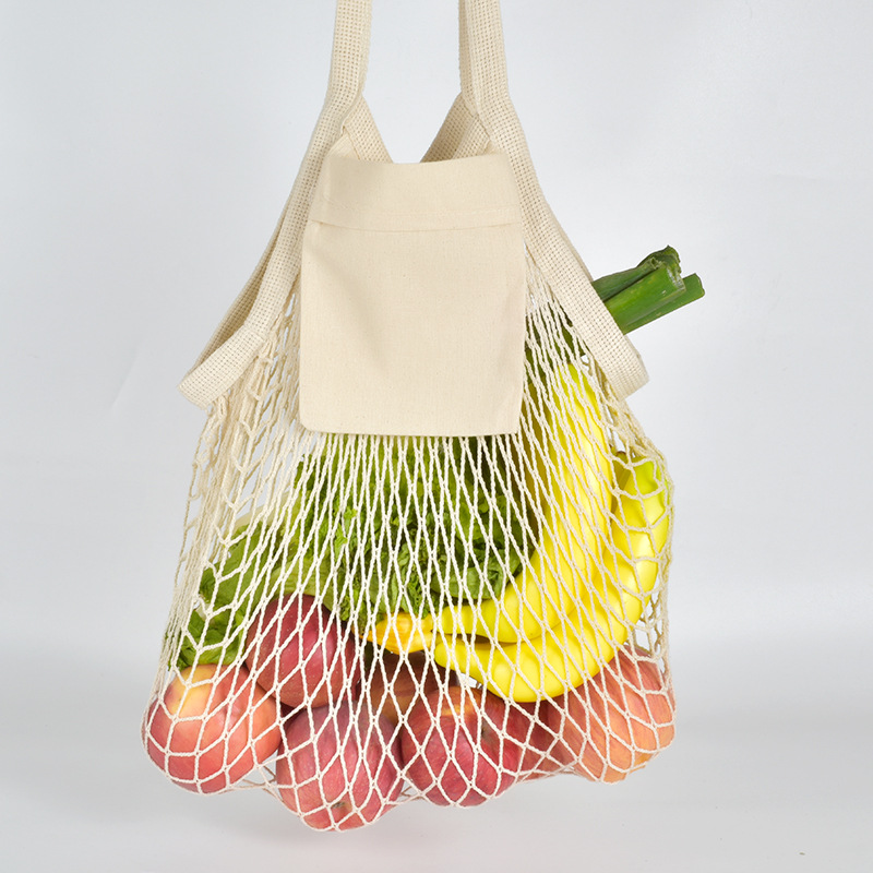 VCA1389 Vegetable Kitchen Cotton Net Bag w/Long Handle String & Pocket