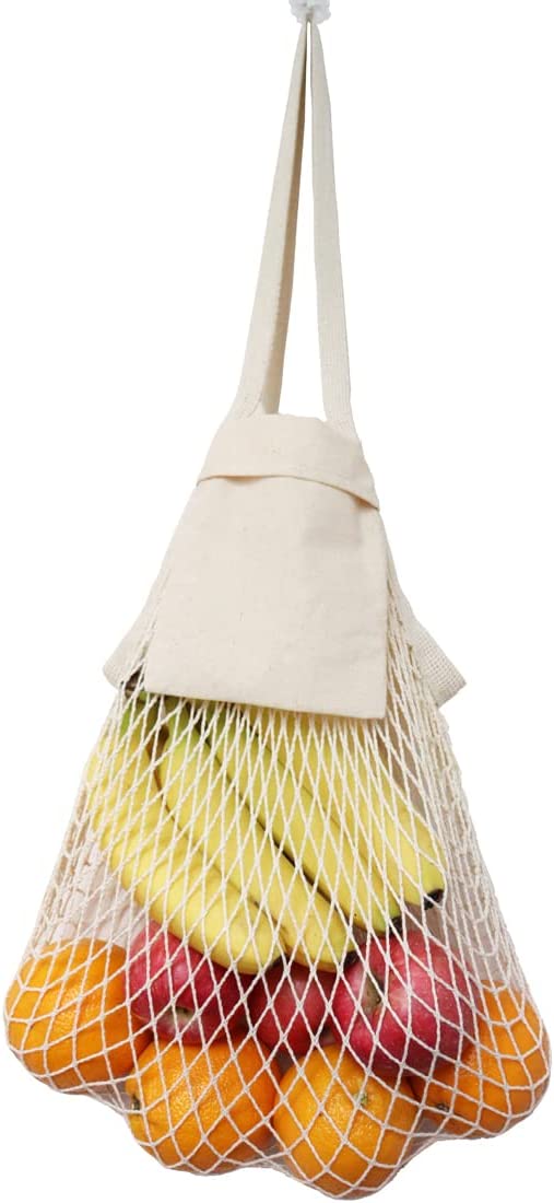 VCA1389 Vegetable Kitchen Cotton Net Bag w/Long Handle String & Pocket
