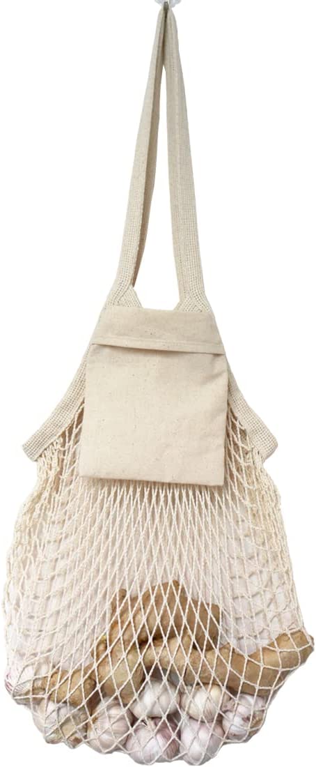 VCA1389 Vegetable Kitchen Cotton Net Bag w/Long Handle String & Pocket
