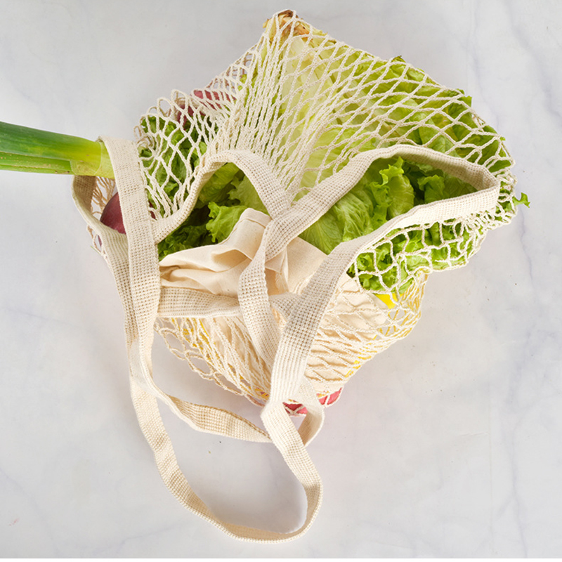 VCA1389 Vegetable Kitchen Cotton Net Bag w/Long Handle String & Pocket