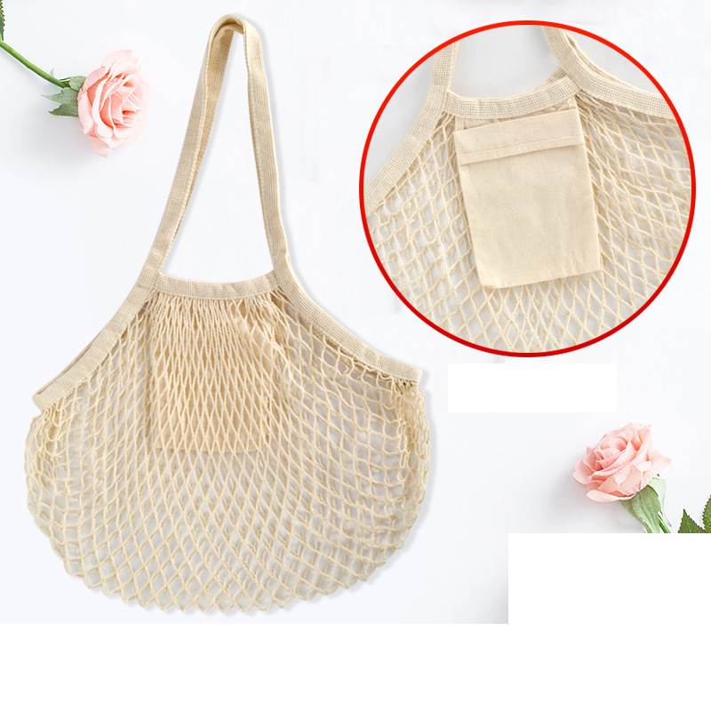 VCA1389 Vegetable Kitchen Cotton Net Bag w/Long Handle String & Pocket
