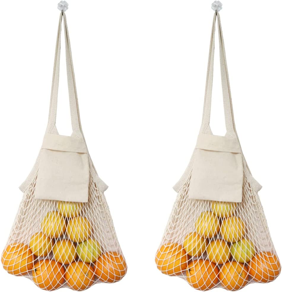 VCA1389 Vegetable Kitchen Cotton Net Bag w/Long Handle String & Pocket