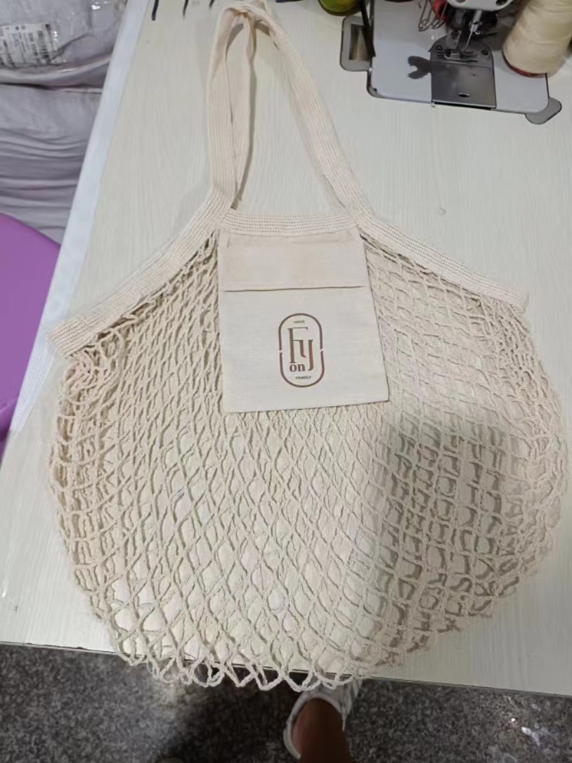 VCA1389 Vegetable Kitchen Cotton Net Bag w/Long Handle String & Pocket
